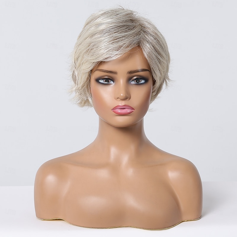 Human Hair Blend Wig Short Straight Natural Straight Bob Pixie Cut Side Part Layered Haircut Blonde Cosplay Curler & straightener Natural Hairline Capless Burmese Hair Women's All Sliver White 8 inch2