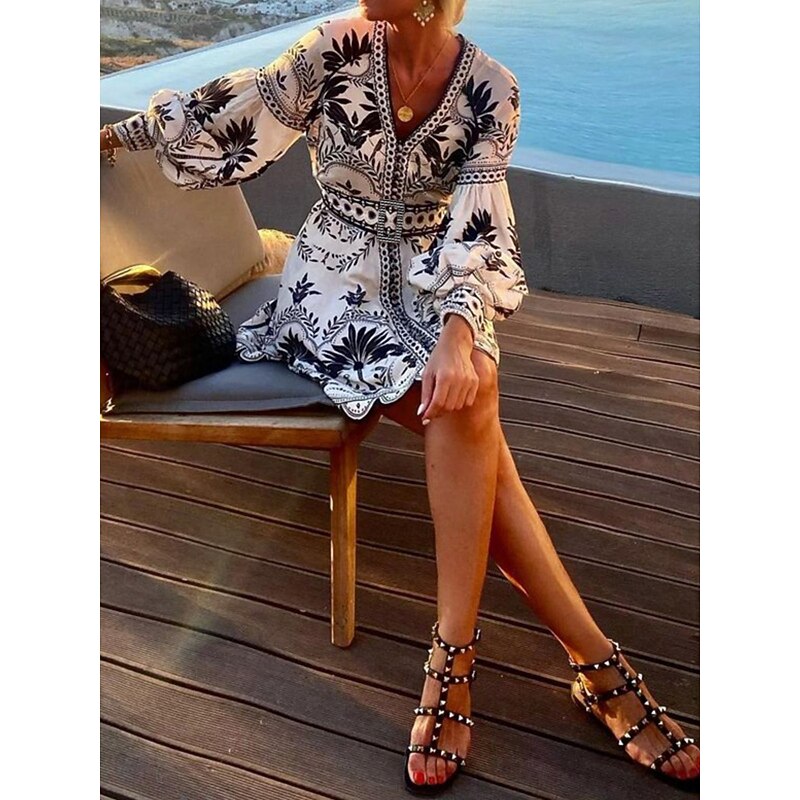 Women's Floral V Neck Mini Dress Long Sleeve Summer Spring2