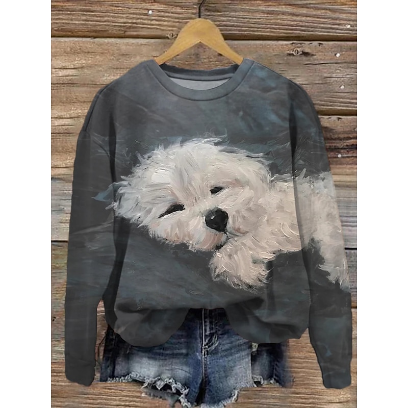 Women's Sweatshirt Casual Dog Street Dailywear Crew Neck Print Long Sleeve Gray Fall Winter
