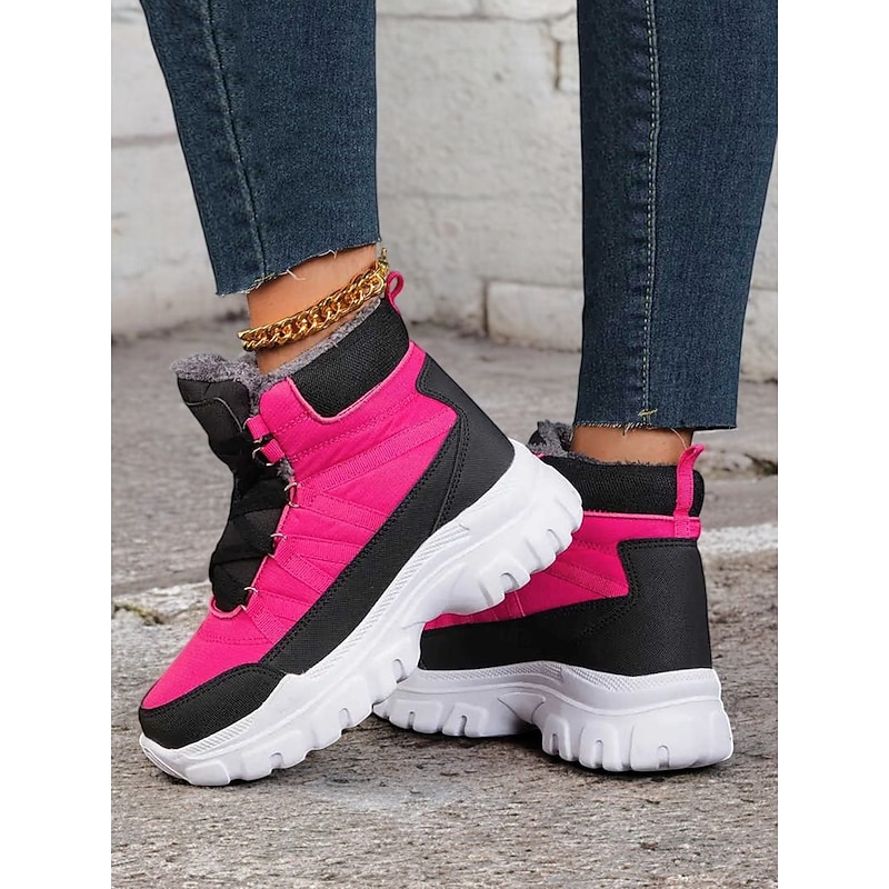 Women's Winter Pink and Black Lace-Up Snow Boots with Fur Lining and Chunky Sole – Stylish and Warm Footwear for Outdoor Adventures