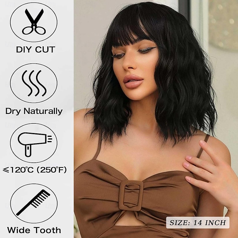 Wavy Wig with Bangs Soft Short Bob Wigs for Women Synthetic Shoulder Length Women's Curly Wigs for Halloween Costumes Cosplay Daily4