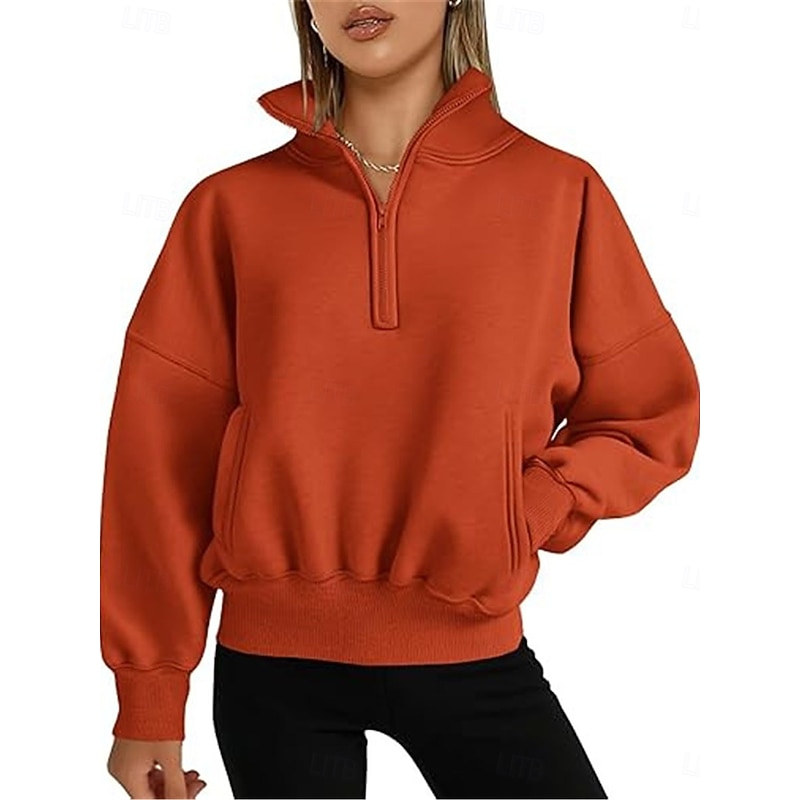 Women's Sweatshirt Casual Plain Street Dailywear Turtleneck Pocket Half Zip Long Sleeve White Pink Orange Fall Winter