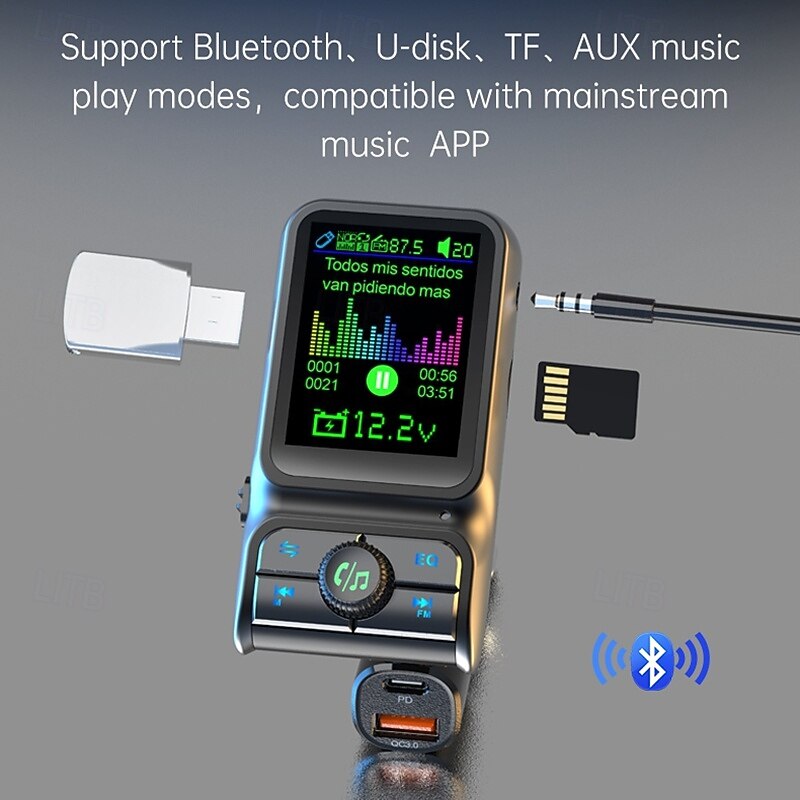 Smart Bluetooth Car Charger PD3.0 QC3.0 EQ Sound FM Transmitter With AUX Colorful Display Windows Car Kit BC853