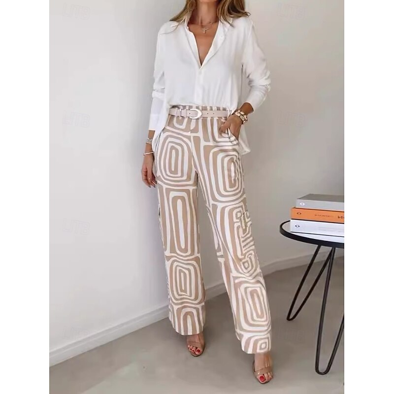 Women's Fashion Streetwear Daily Shirt Linen-Inspired Sets Two Piece Sets Dress Pants Long Sleeve Bishop Sleeve Shirt Collar Plain Printing Patchwork Print Formal Casual Daily Khaki Fall Regular Fit