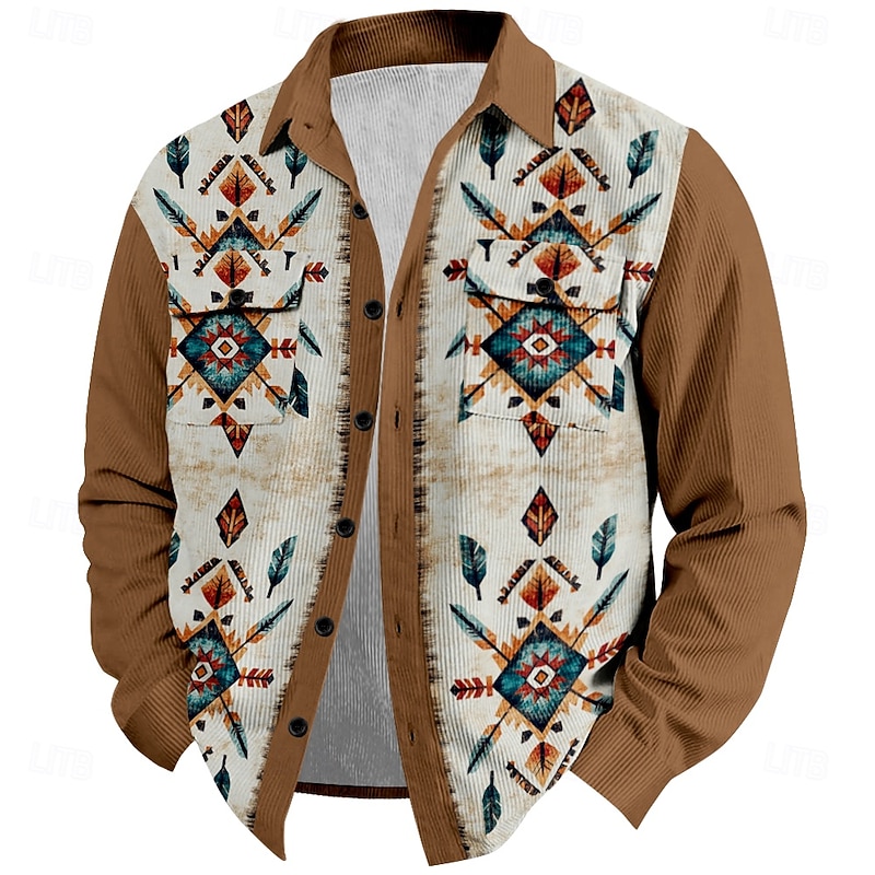 Men's Cowboy Corduroy Shirt Shirt Jacket Overshirt Long Sleeve Vintage Western Style Outdoor Dailywear Casual Fall & Winter Turndown Collared Shirts 3D Print Buttons 2 Pockets 1pc Black Blue Brown