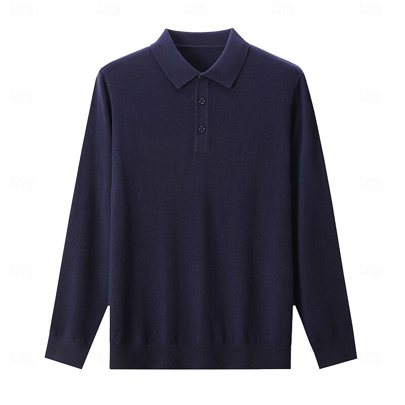 Men's Wool Polo Sweater Knit Button Up Solid Color Polo Collar Knitwear Elegant School Formal Clothing Apparel Fall Winter Black Navy Blue S M L4
