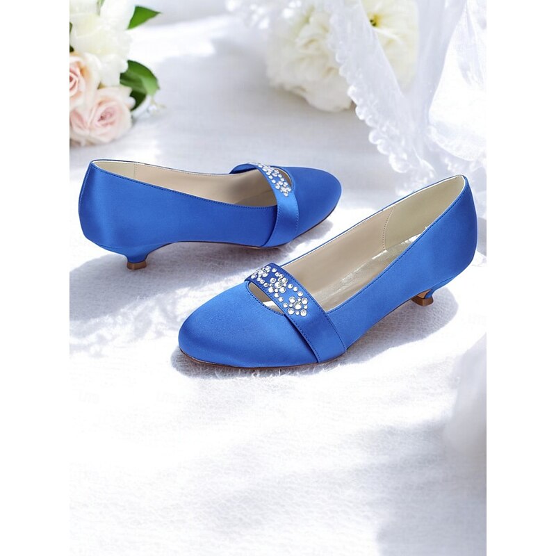Women's Blue Satin Kitten Heels with Rhinestone Embellishment – Elegant Bridal Shoes for Weddings and Formal Occasions4
