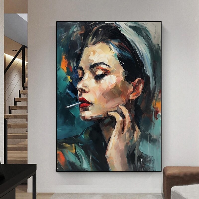 Hand painted Women Face Portrait Oil Painting Home Smoking girl Canvas Decorative Wall Art Pictures Cuadros For Living Room Bedroom Modern Rolled Canvas (No Frame)3