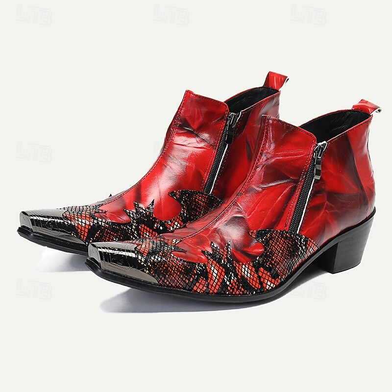 Men's Red Snake Pattern Ankle Boots with Zipper and Metal Toe – Premium Cowhide Leather Fashion Boots for Bold Style2