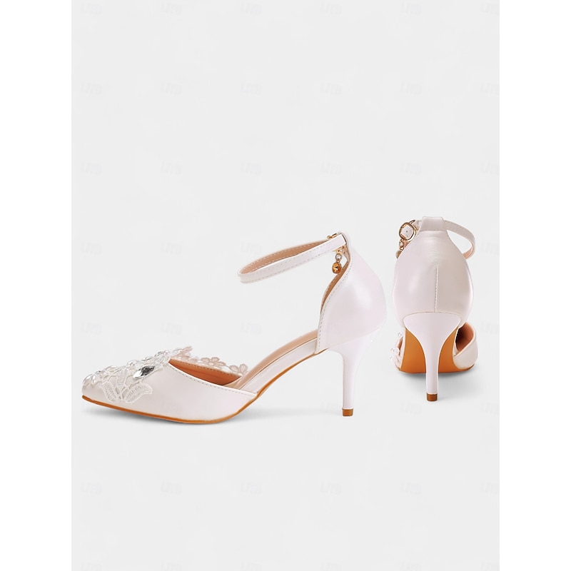 Women's Elegant Ivory Bridal Heels – Floral Lace and Pearl Embellished Satin Wedding Shoes with Ankle Strap 9