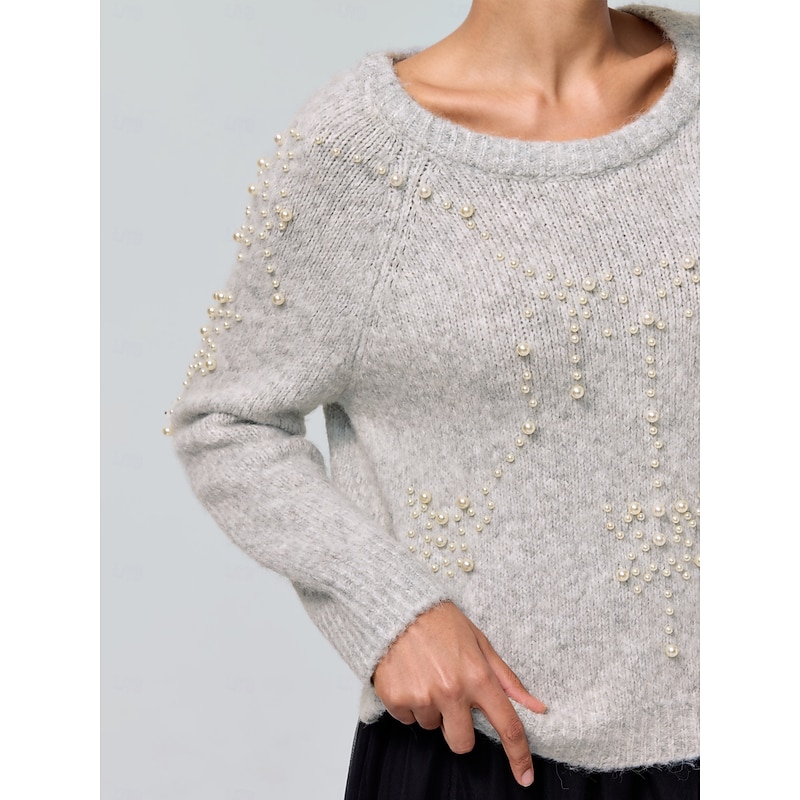 Women's Gray Pearl Beaded Crew Neck Long Sleeve Knit Pullover Sweater Jumper Casual Daily Fall Winter2