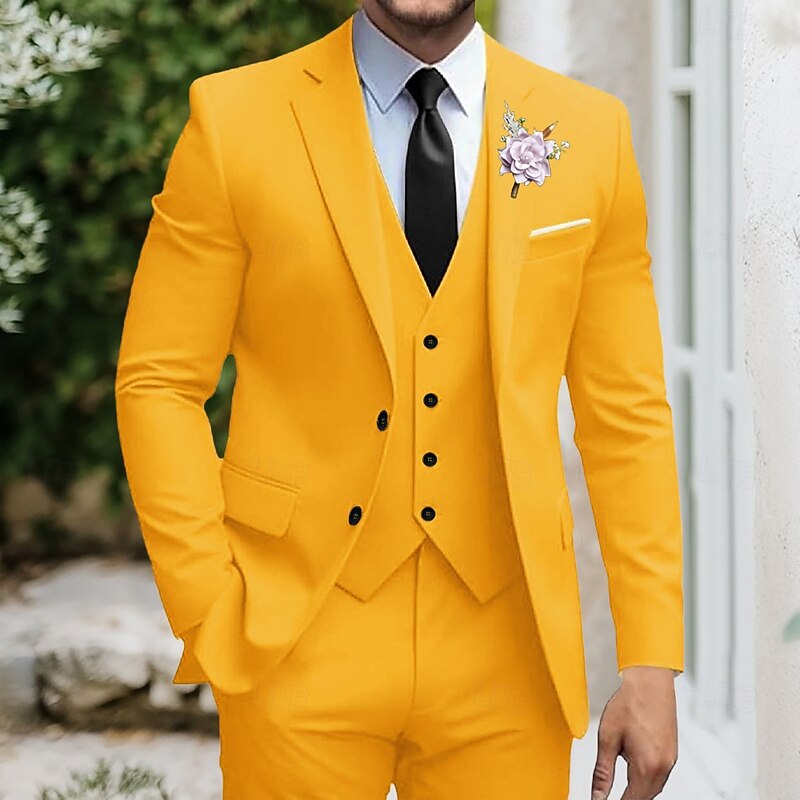 Men's Wedding Party Evening Wear Suits Yellow Sage Dress Solid Colored Slim Fit 3 Piece Single Breasted Two-buttons - Main Image