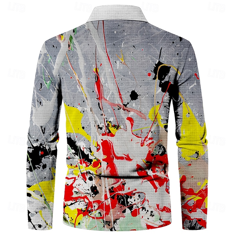 Men's Splash Ink Waffle Polo Shirts Golf Shirt Long Sleeve Polo Shirts Collared Shirts Casual Street Dailywear Athleisure Buttons 3D Print Spring Fall Winter Gray2