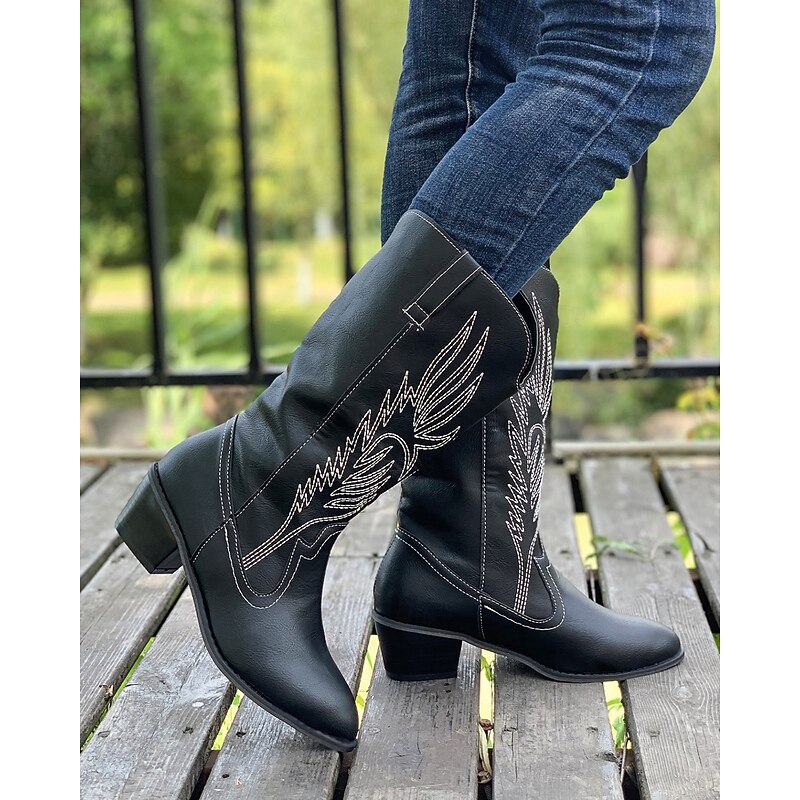 Women's Western Cowboy Boots – Classic Mid-Calf Brown Faux Leather with Embroidered Design, Perfect for Casual Wear, Festivals, and Country Outfits3