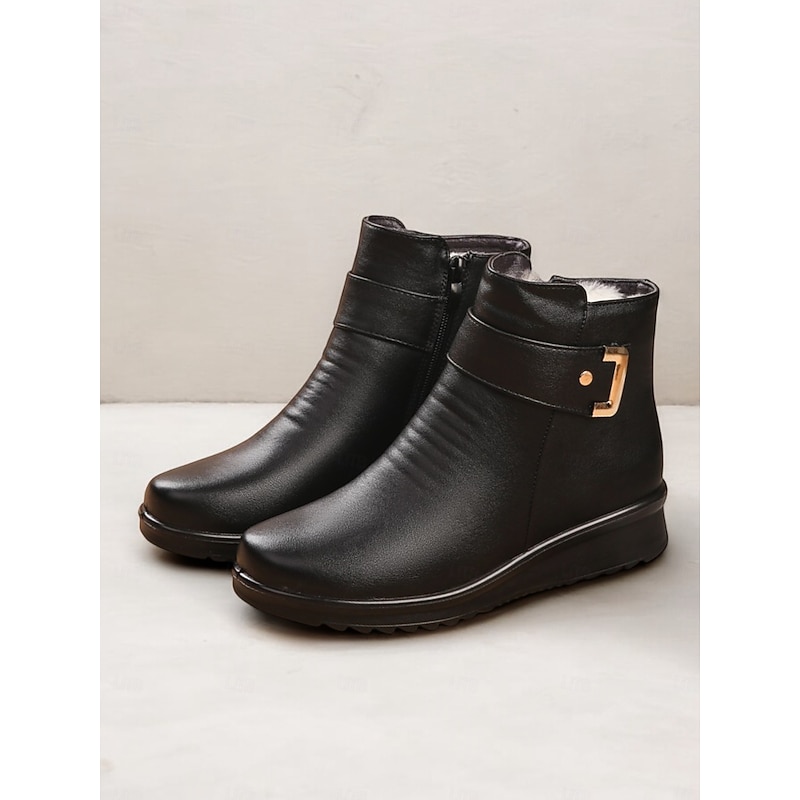 Women's Faux Leather Ankle Boots with Faux Fur Lining – Warm, Slip-Resistant Winter Footwear with Buckle Detail2