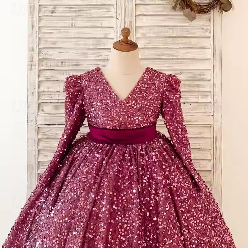 Kids Girls' Party Dress Solid Color Sleeveless Long Sleeve Performance Mesh Princess Sweet Mesh Mid-Calf Sheath Dress Tulle Dress Summer Spring Fall kids Pink Wine Red4