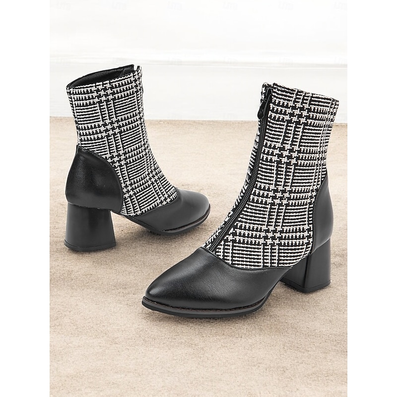 Women's Black and White Plaid Ankle Boots with Block Heels - Retro Houndstooth Pattern, Side Zipper Closure, Perfect for Fall and Winter Casual Outfits3