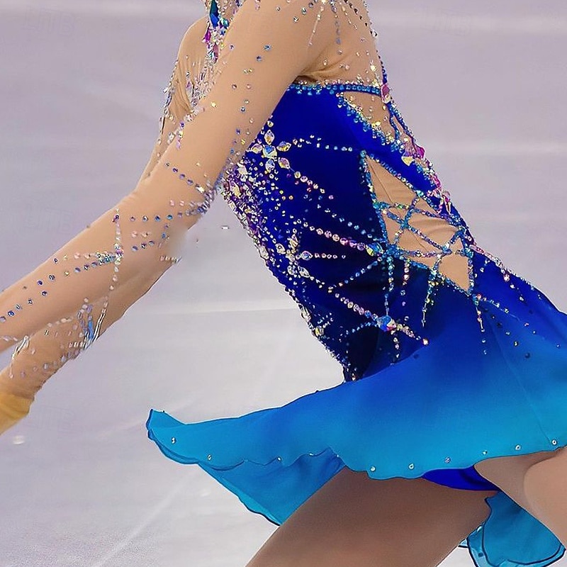 Figure Skating Dress Women's Girls' Ice Skating Dress Blue Patchwork Thumbhole Mesh Spandex Stretchy Training Practice Professional Skating Wear Thermal Warm Crystal / Rhinestone Long Sleeve Ice4