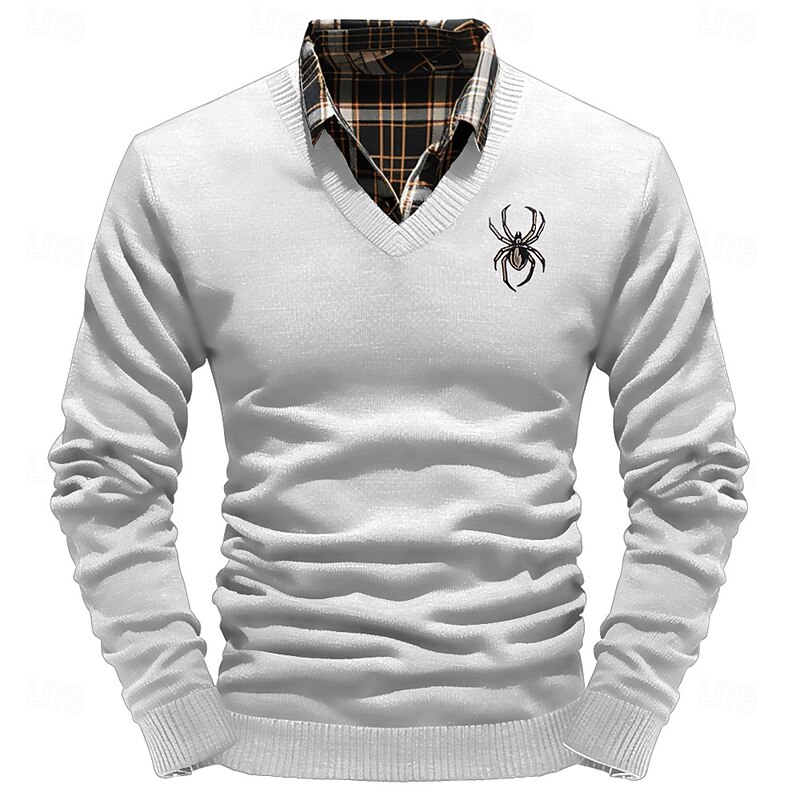 Christmas Men's Spider Pullover Sweater Jumper V Neck Casual Outdoor Daily New Years Eve Sweater Embroidered Knitting Warm Long Sleeve Fall Winter Wine Black White2