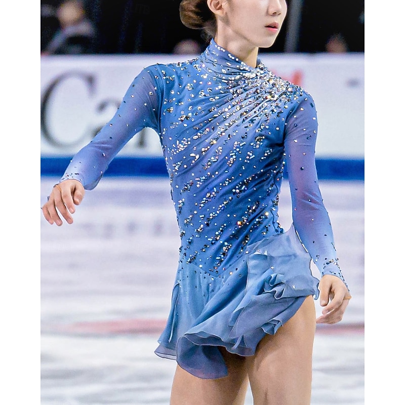 Figure skating costumes for adults and children customized blue spandex mesh grading performance costumes competition training rhinestone women's skirts performance costumes