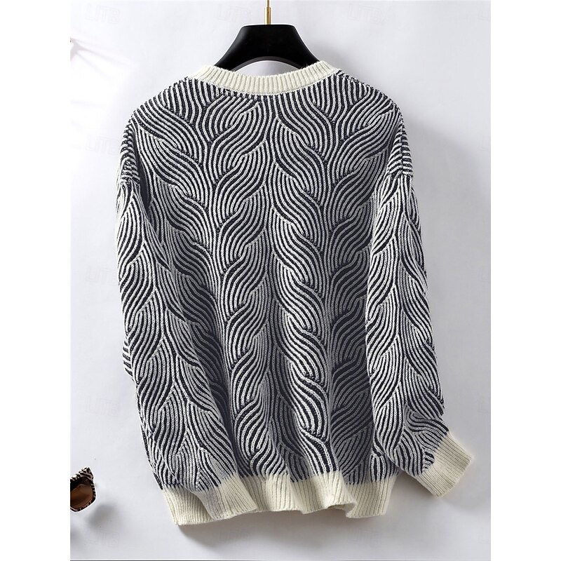 Women's Sweater Casual Soft Geometric Ribbed Crew Neck Knitted Long Sleeve Regular Tops Knit Outdoor Daily Weekend Black Fall Winter 10