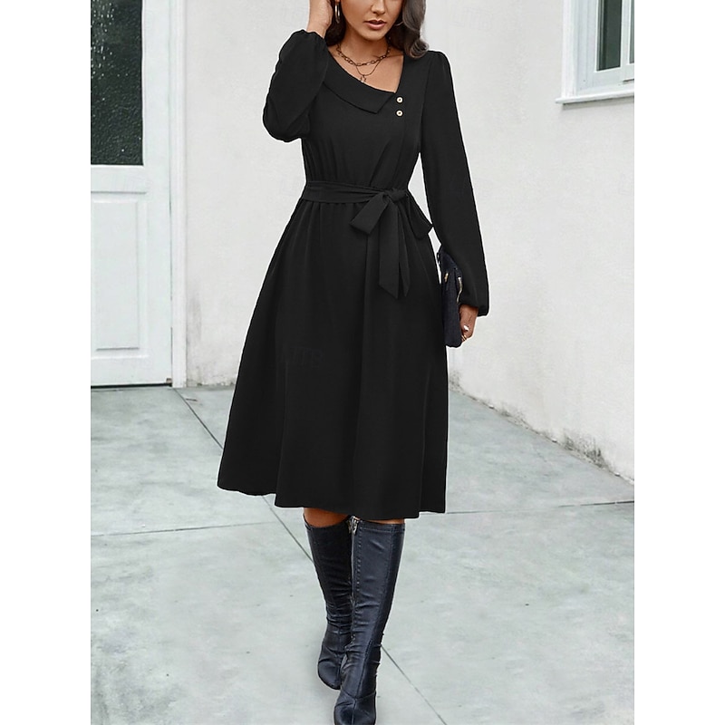 Women's Midi Dress Black Dress Casual Dress Cocktail Dress Formal Dress Casual Sports & Outdoor Street Regular Fit Plain Long Sleeve V Neck Black Fall Winter