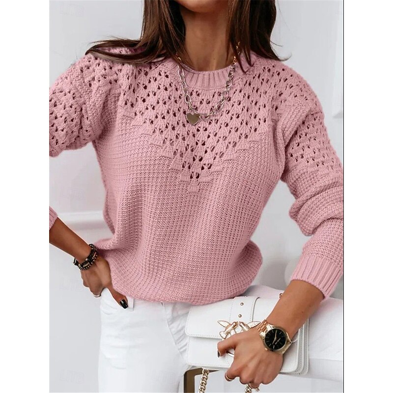 Women's Sweater Casual Soft Pure Color Ribbed Crew Neck Hollow Out Knitted Long Sleeve Regular Tops Knit Outdoor Daily Weekend Pink Blue Fall Winter2