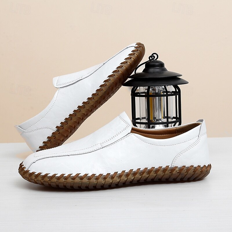 Men's White Faux Leather Slip-On Loafers with Hand-Stitched Sole – Lightweight Casual Shoes for Driving, Walking, and Summer Outfits3