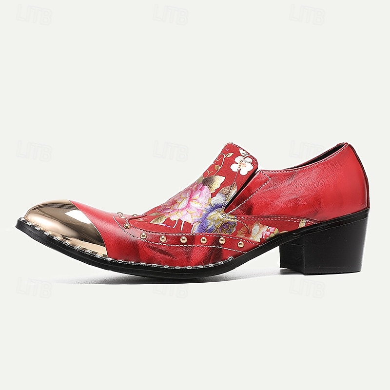 Men's Bold and Stylish Red Leather Loafers with Floral Embroidery and Gold Toe Cap - Unique and Stylish for Weddings or Parties4