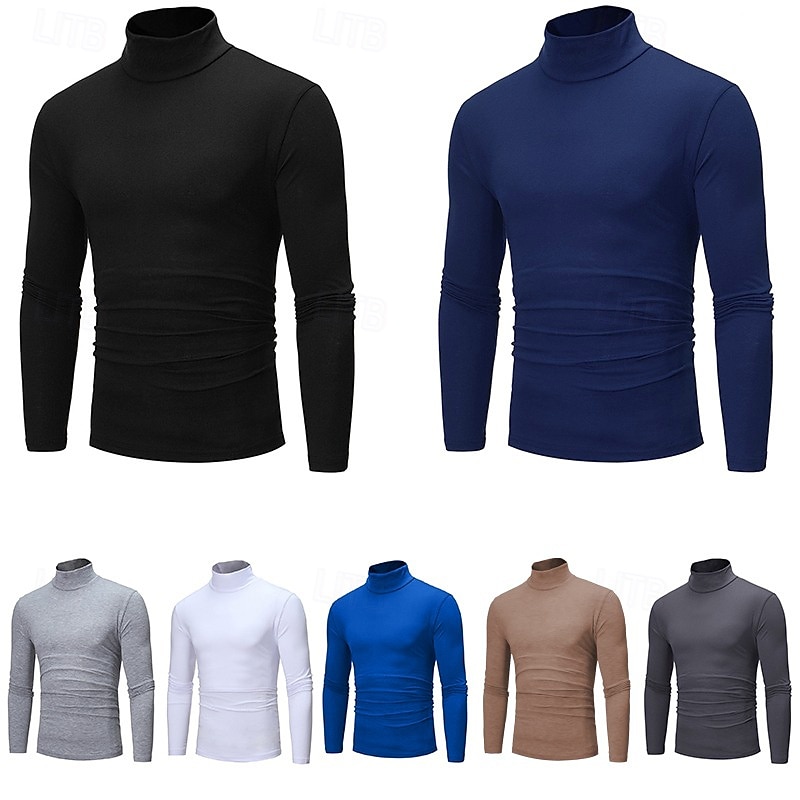 Men's T Shirt Long Sleeve Shirt Mock Turtleneck Long Sleeve Rolled collar Plain Vintage Essential Street Black White Navy Blue Top Tee for Men