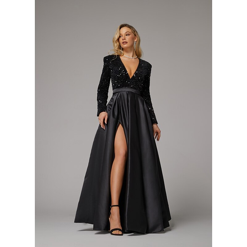 Ball Gown Evening Gown Elegant Dress Wedding Guest Birthday Floor Length Long Sleeve V Neck Pocket Satin with Sequin Pocket 5