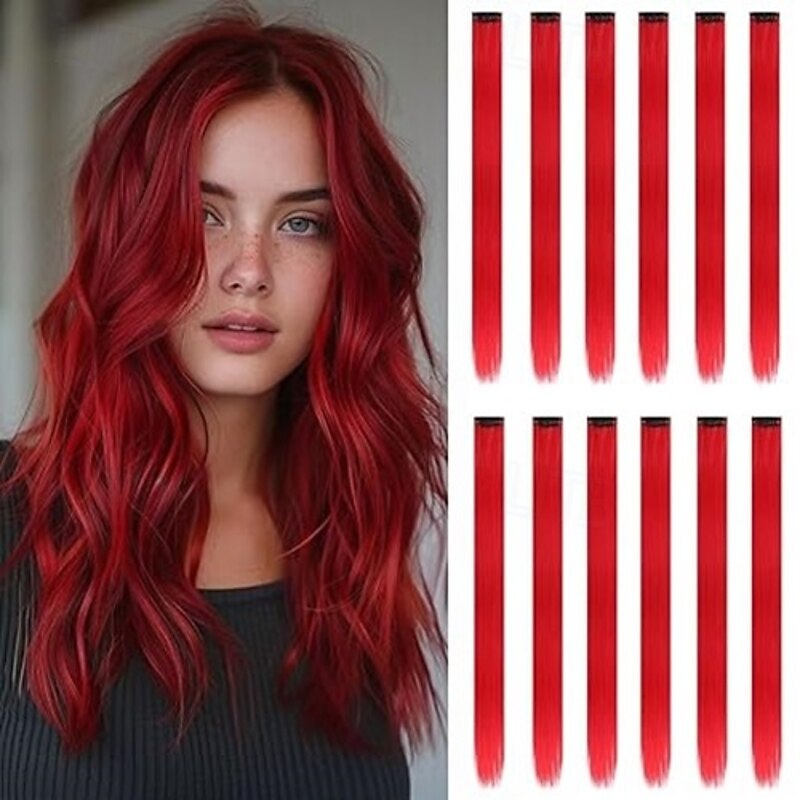12Pcs Colored Hair Extensions - 22 Inch Straight Clip In Synthetic Hairpieces Ideal for Women, Kids, and Girls, for Halloween, Christmas and Cosplay2