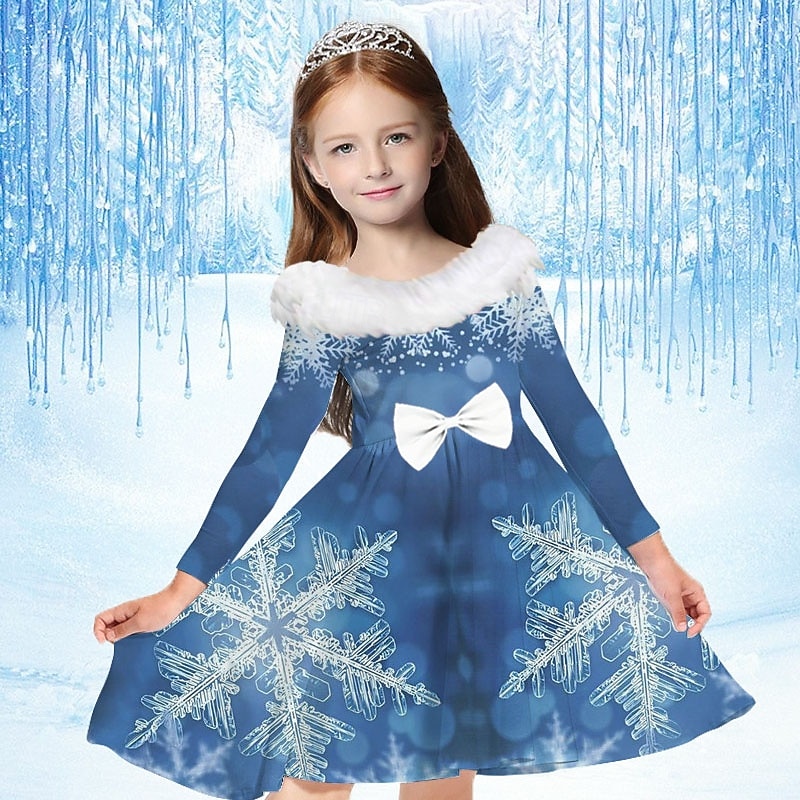 Kids Girls' Dress Snowflake Dress Snowflake Long Sleeve Casual Fur Trim Crewneck Adorable Daily Polyester Above Knee Casual Dress Swing Dress A Line Dress Fall Winter 2-13 Years Silver Multicolor4