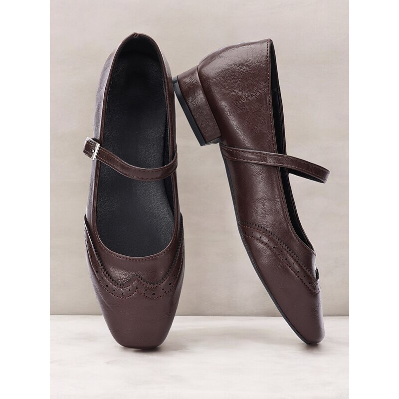 Women's Vintage Brown Mary Jane Flats with Brogue Detailing – Comfortable Faux Leather Shoes for Office, Casual Wear, and Retro Style Outfits2