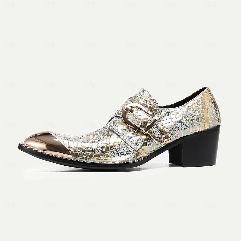 Men's Gold Metallic Leather Dress Shoes with Snake Skin Pattern, Square Toe and Buckle Detail - Perfect for Weddings, Parties, and Other Special Events4