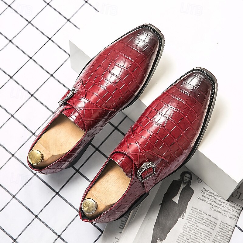 Men's Red Crocodile-Pattern Faux Leather Monk Strap Shoes – Sleek Formal Design with Metal Buckle for Weddings,Christmas and Business Attire3