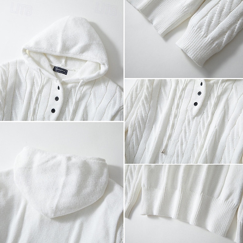 Men's Pullover Sweater Jumper Knit Sweater Ribbed Cable Knit Regular Buttons Drawstring Plain Hooded Fashion Basic Daily Wear Date Clothing Apparel Fall & Winter White M L XL2
