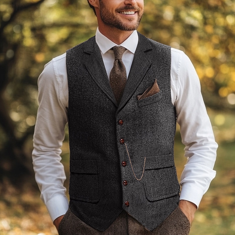 Brown Grey Men's Herringbone Tweed Vest Standard Fit Notch Single Breasted Five-buttons