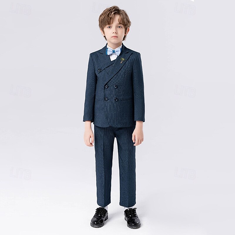 5 Pieces Ring Bearer Suit Boys Kids Suit Formal Suit Blazer & Vest & Pants & Brooch & Tie Formal Party Valentines Fashion Cool Solid Color Pocket Navy Blue Light Blue Polyester3