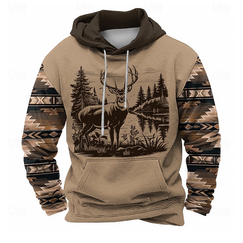 Men's Deer Hoodies Sweatshirt Fashion Cool Long Sleeve Crew Neck Party Hunting Brown Drawstring Fall Winter Designer