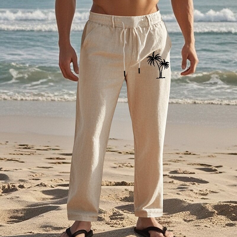 Men's Linen Pants Trousers Summer Pants Beach Pants Drawstring Elastic Waist Straight Leg Coconut Tree Comfort Breathable Full Length Daily Holiday Beach Vacation Fashion Black White