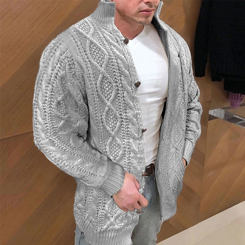 Men's Dress Sweater Cardigan Sweater Cable Knit Knitted Solid Color Stand Collar Stylish Casual Outdoor Home Clothing Apparel Fall Winter Black Red S M L3