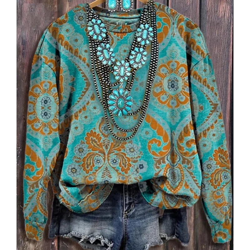 Women's Sweatshirt Vintage Fashion Ethnic Graphic Tie Dye Tribal Home Party Casual Round Neck Patchwork Print Long Sleeve Green Winter Fall & Winter2