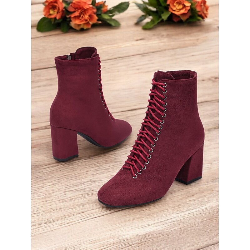 Women's Burgundy Lace-Up Ankle Boots with Block Heels – Chic and Versatile Footwear for Fall Outfits and Casual Wear2