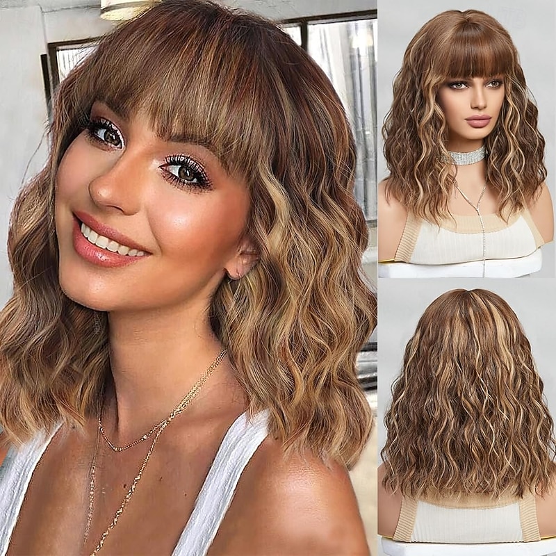 Short Wig Shoulder Length Bob Curly Wavy Wig With Bangs for Women Charming Heat-resistant Synthetic Hair Wigs for Date Daily Use