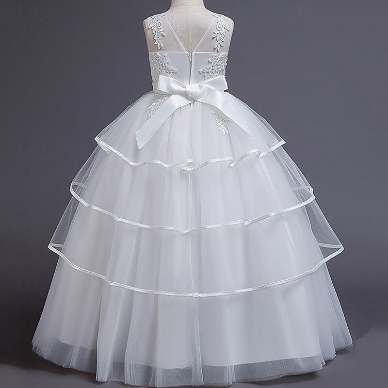 Flower Girl Dress Kid's Girls' Princess Dress Performance Wedding Party Elegant Beautiful Mesh Solid Color Sleeveless Crew Neck White Pink 4 years+3