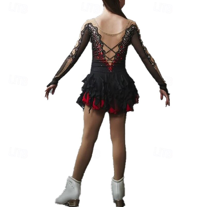 Figure Skating Dress Women's Girls' Ice Skating Dress Black Patchwork Thumbhole Mesh Spandex Stretchy Training Practice Professional Skating Wear Thermal Warm Crystal / Rhinestone Long Sleeve Ice2