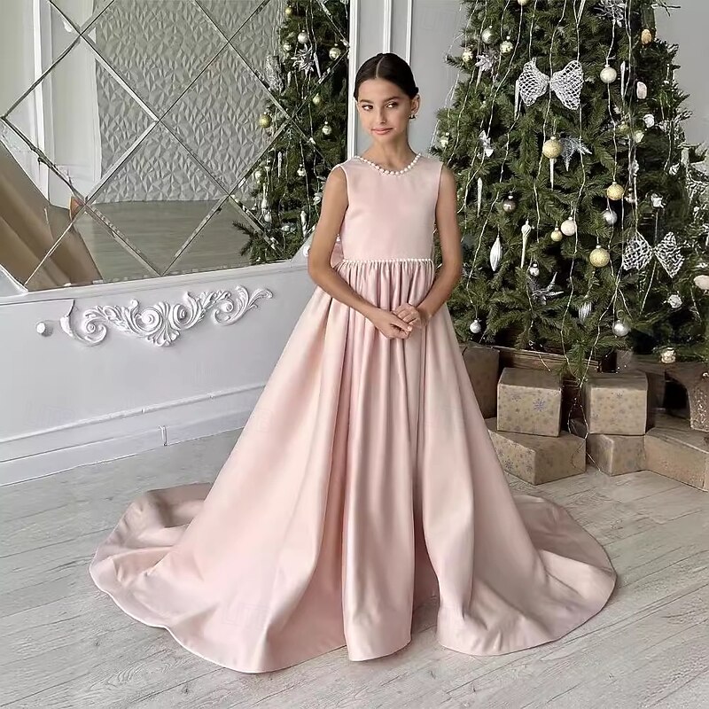 Flower Girl Dress Girls' First Communion Dress Party Dress Performance Wedding Party Princess Sweet Mesh Solid Color Sleeveless Crew Neck White Ivory kids