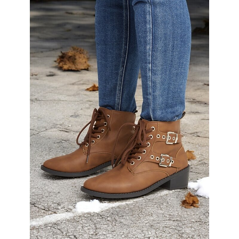 Women's Brown Lace-Up Ankle Boots – Stylish Combat Boots with Double Buckle Straps and Low Block Heel for Everyday Casual and Outdoor Wear4