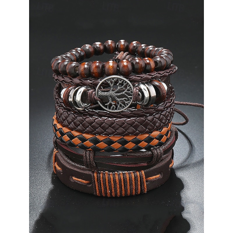 Men's Leather Bracelet Set – Vintage Multilayer Braided Cuff with Beads and Tree of Life Charm for Casual and Bohemian Styles2